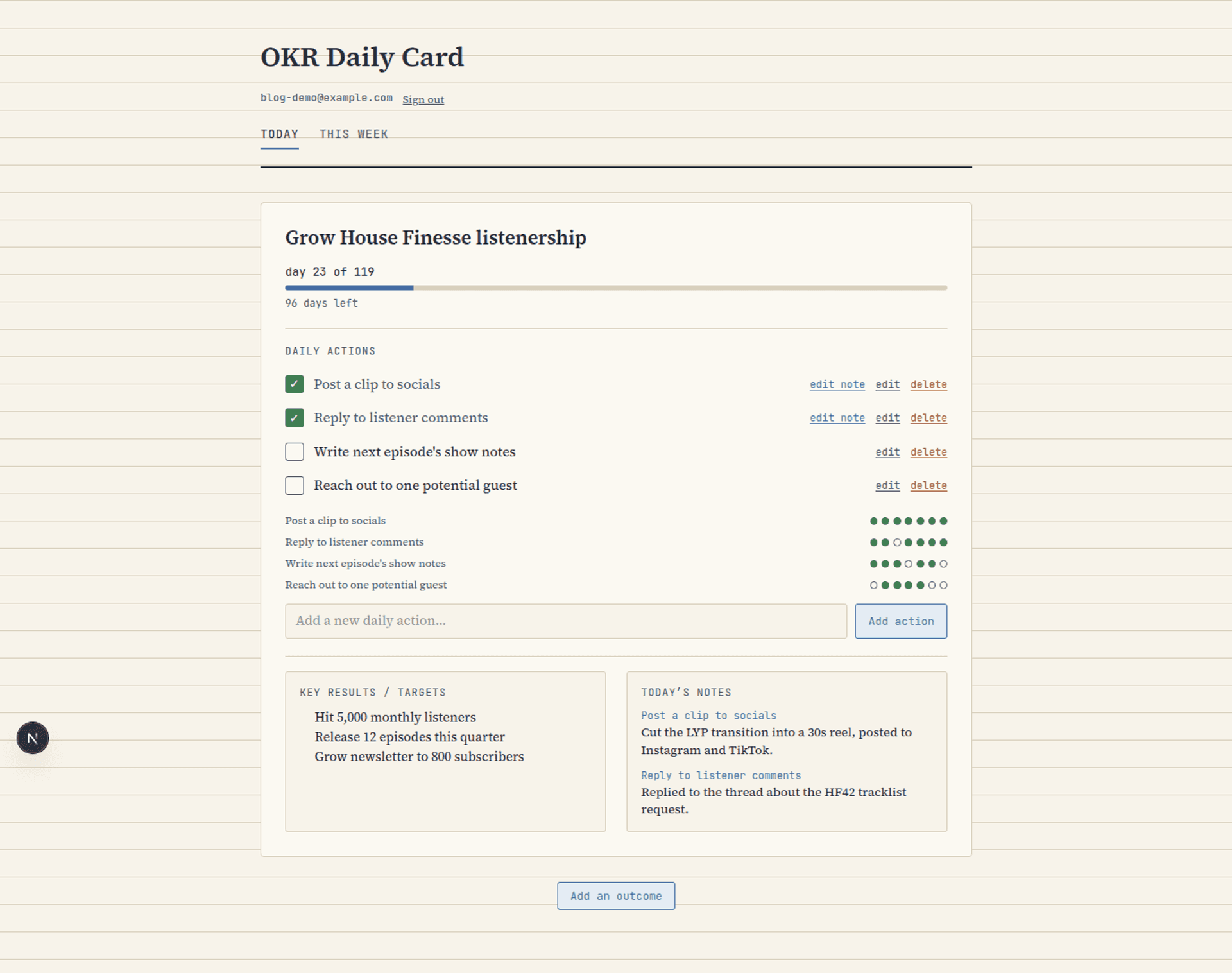 OKR Daily Card desktop view, showing today's objective, daily actions and key results