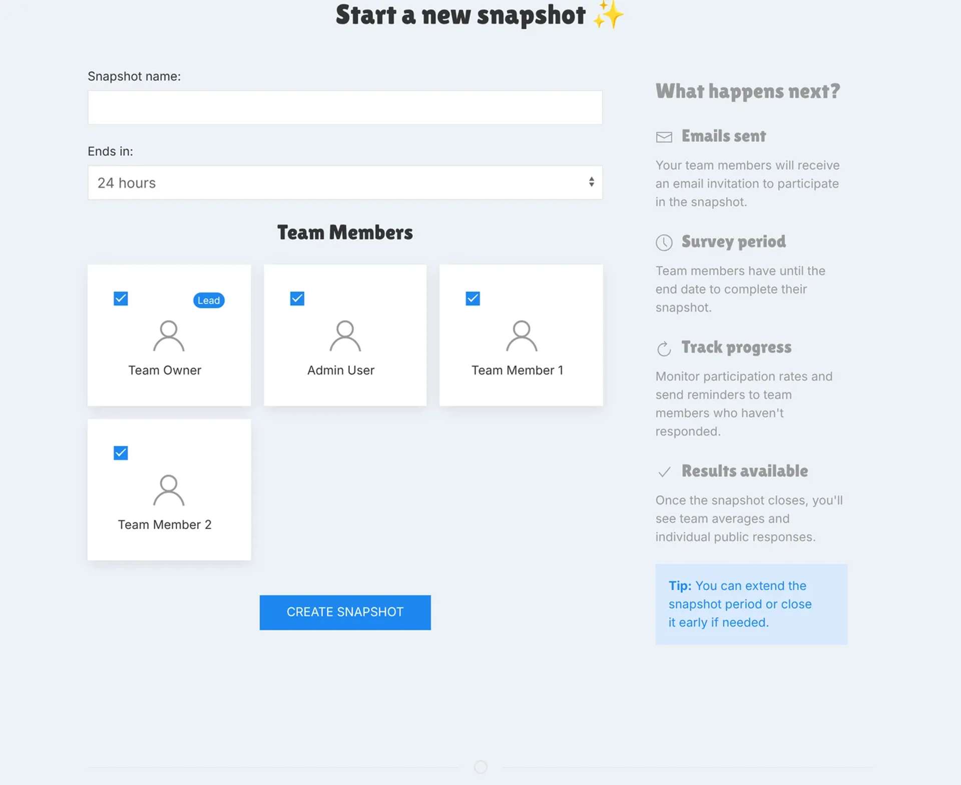 The Start a new snapshot form on a team page, shown to a team member who isn't the team lead